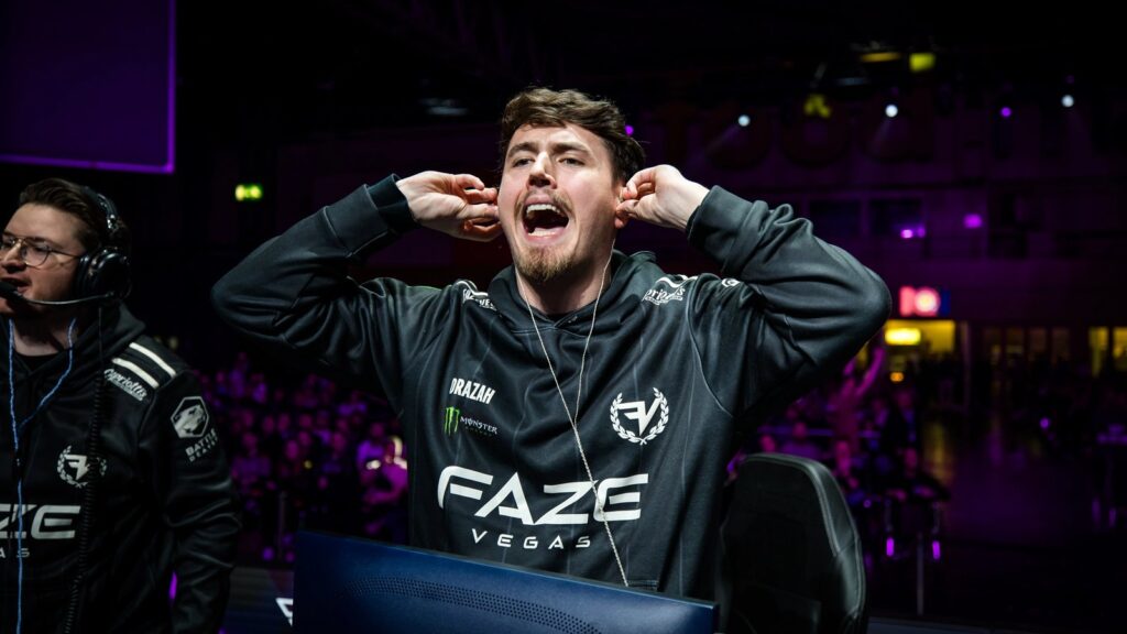 Drazah Could Leave FaZe Vegas as Scrap and HyDra Near Move Drazah celebrating at his gaming station in FaZe Vegas gear during a Call of Duty League event