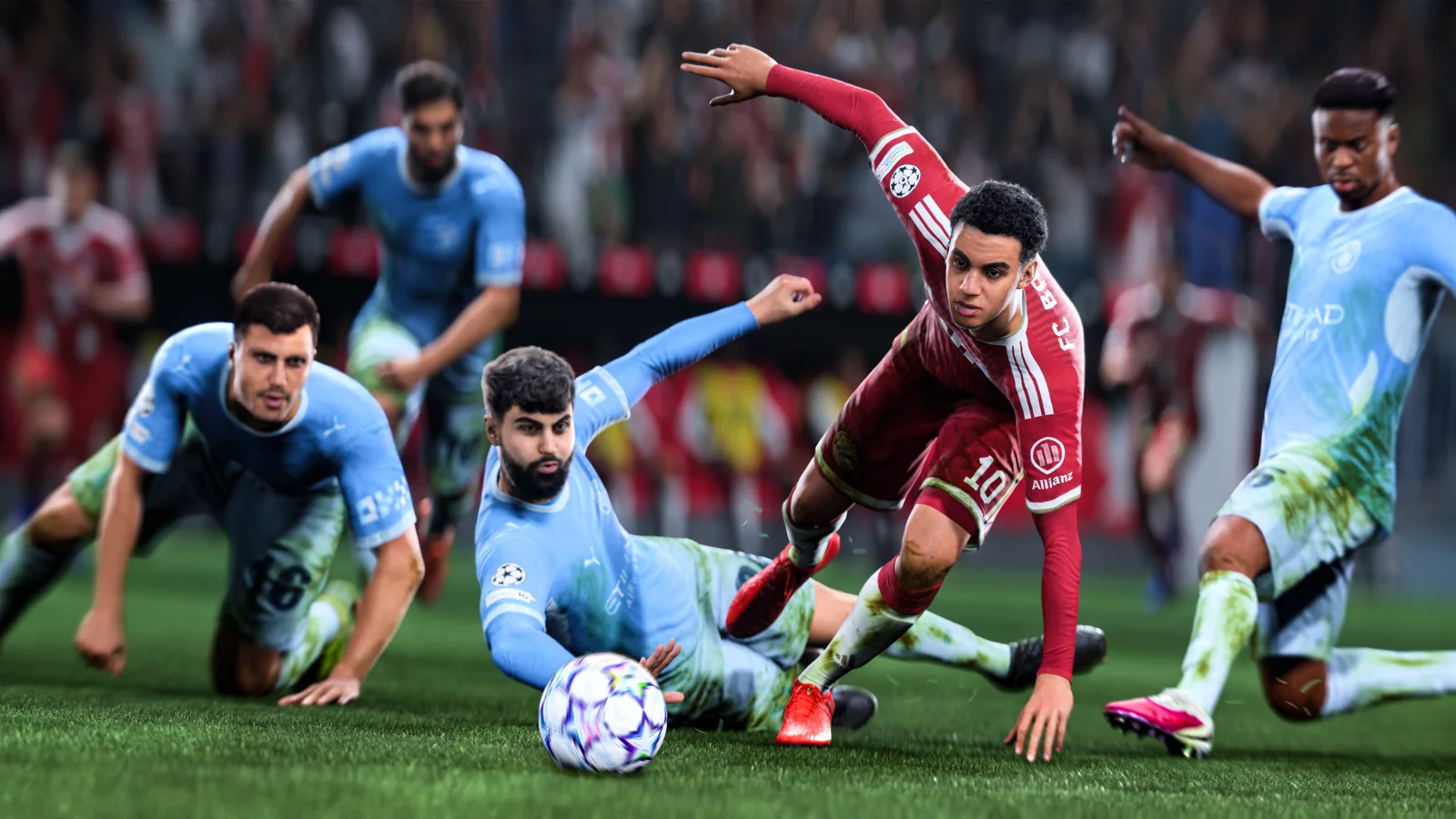 Official FC 27 gameplay image showing Jamal Musiala dribbling through defenders during a Champions League match