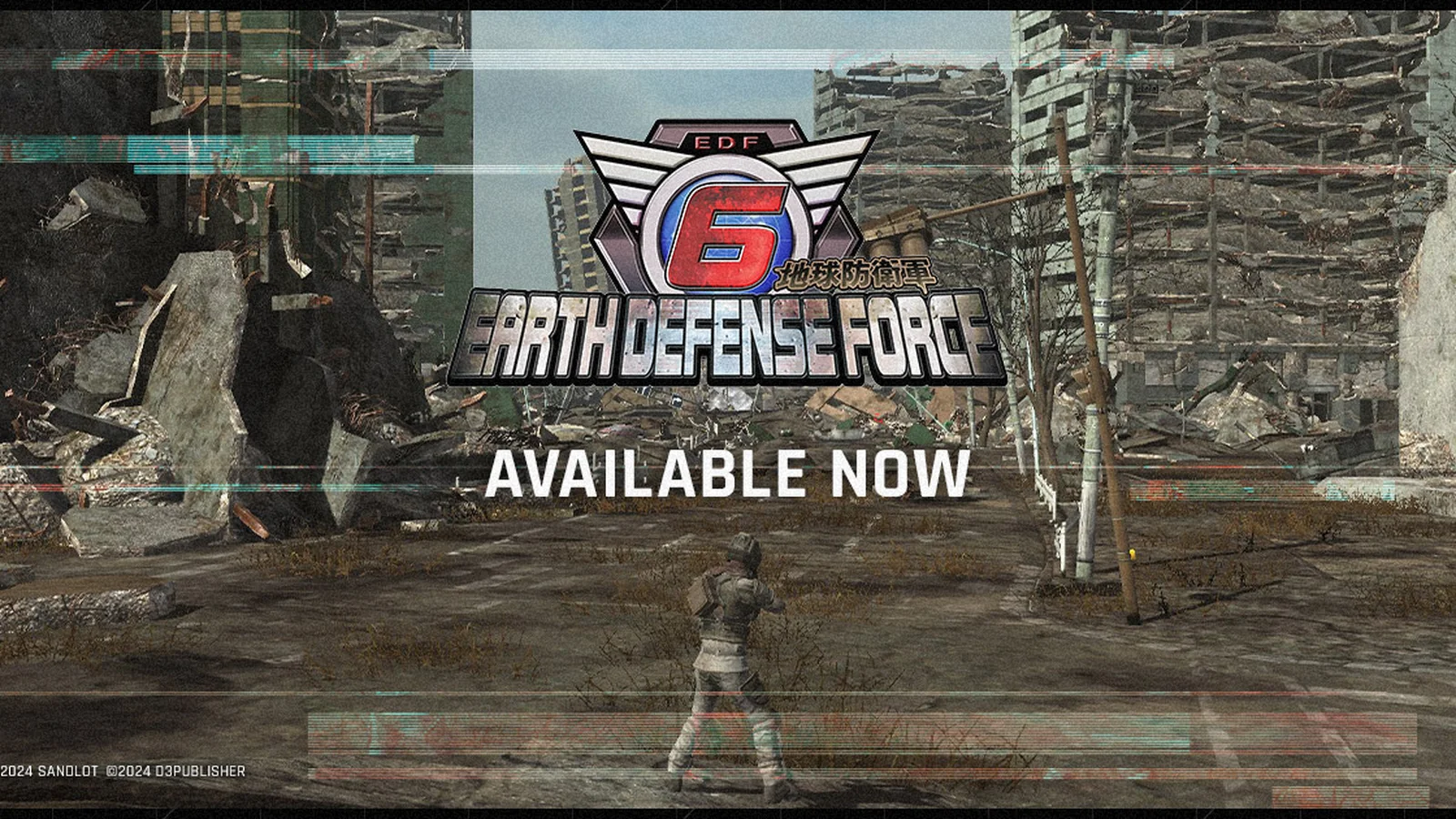 Official Earth Defense Force 6 gameplay screenshot showing an EDF soldier battling a giant alien creature in a ruined