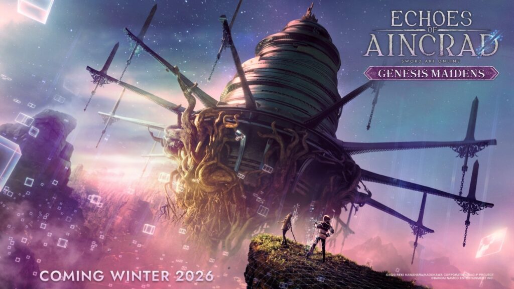 Echoes of Aincrad Genesis Maidens DLC Launches Winter 2026 Official Genesis Maidens key art showing the floating castle of Aincrad above two characters, with the DLC title and