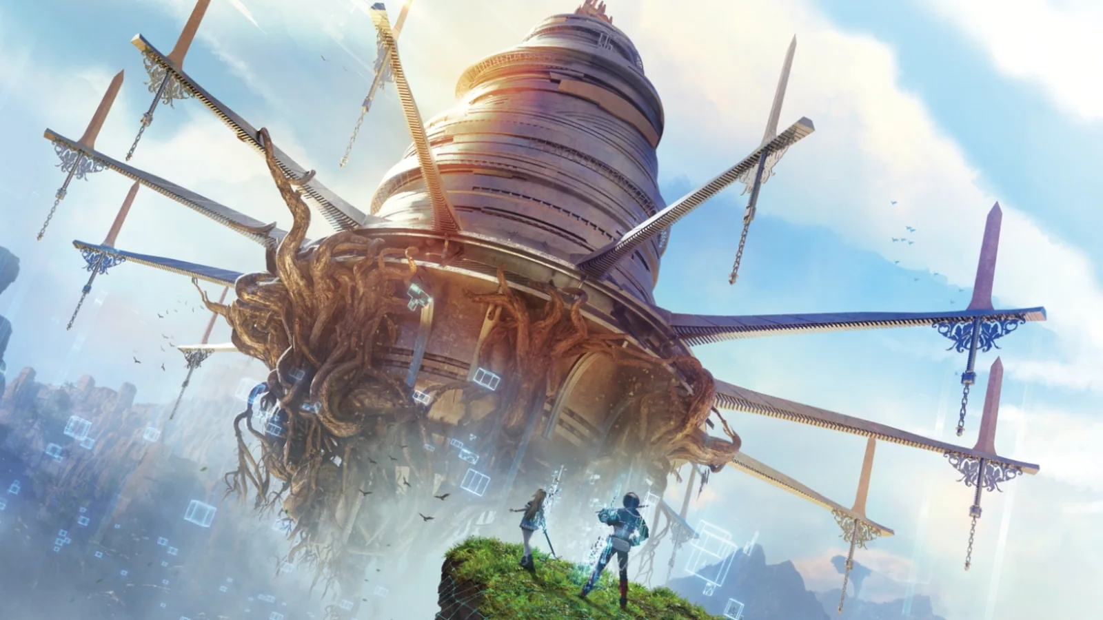 Official Genesis Maidens key art showing the floating castle of Aincrad above two characters, with the DLC title and
