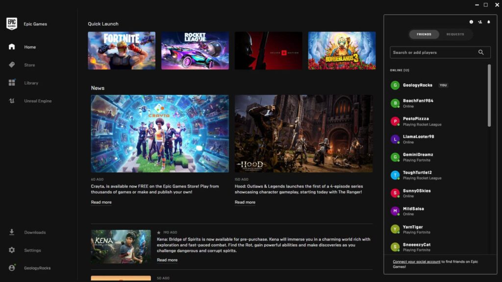 Epic Parties Brings Cross-Device Voice Chat to Fortnite and Epic Apps Official Epic Games Launcher screenshot showing the Friends panel alongside Fortnite and other games