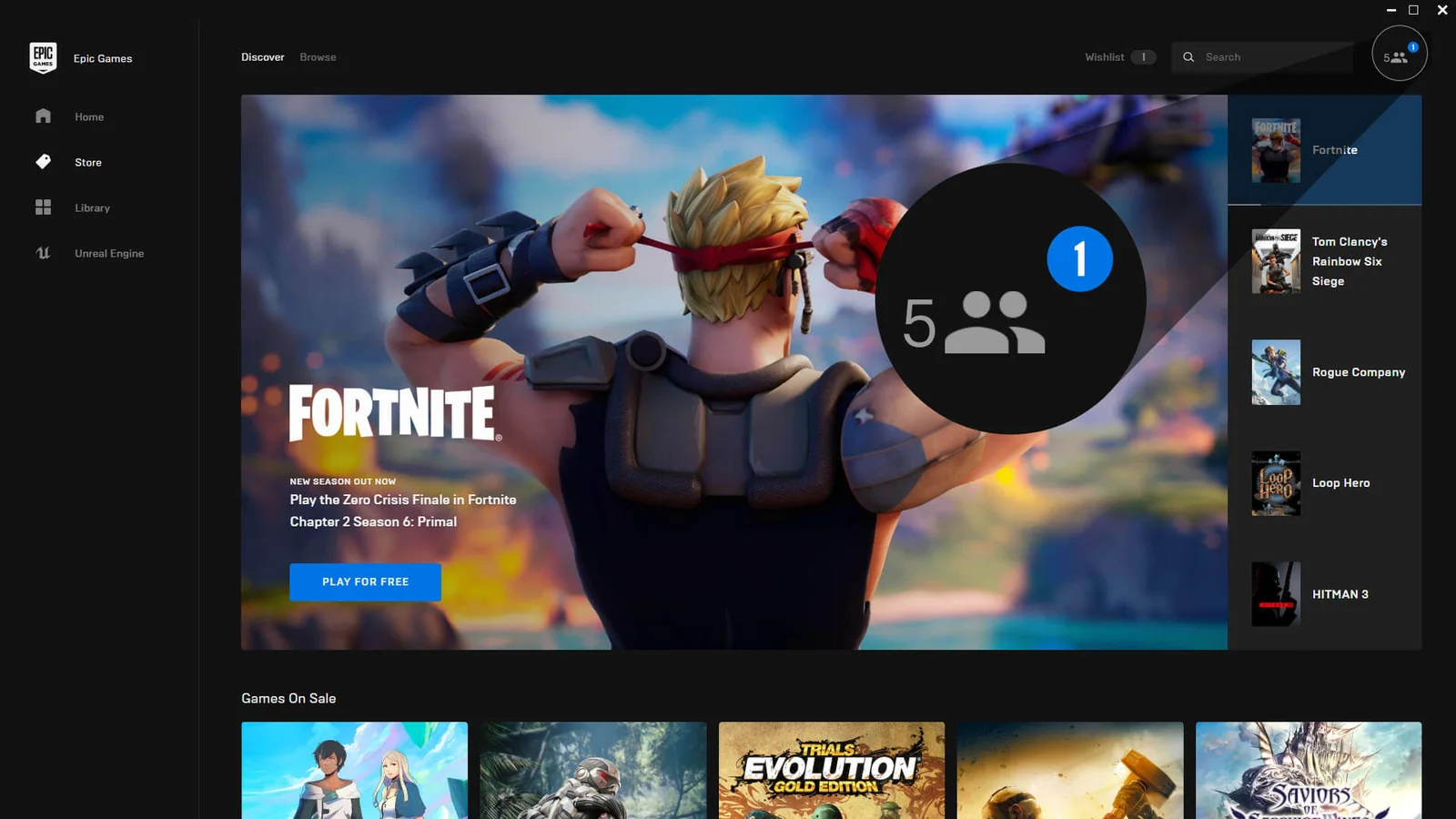 Official Epic Games Store screenshot showing Fortnite in the launcher with the social and friends interface open