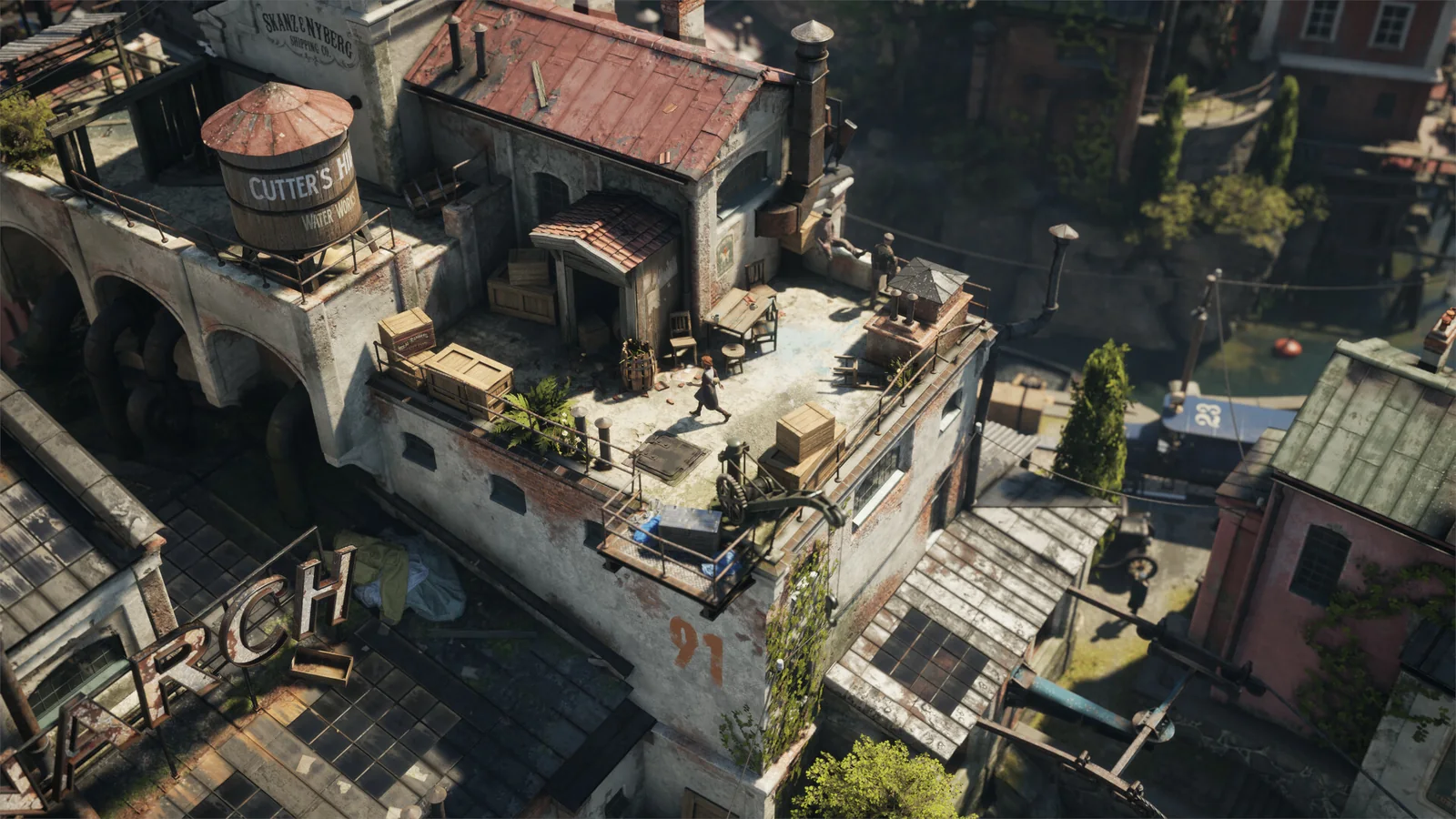 Official gameplay screenshot showing Eriksholm’s isometric stealth environments and character movement