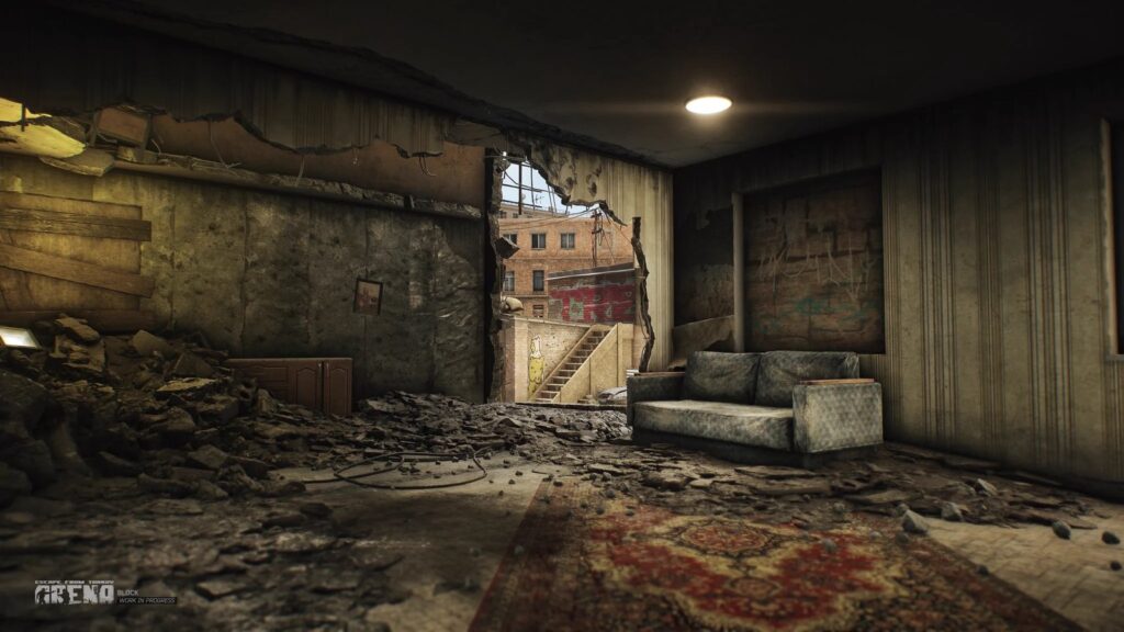 Escape from Tarkov Arena Season 3 Arrives in Late October Official Escape from Tarkov: Arena screenshot showing the Block map's dense urban courtyard and surrounding apartment
