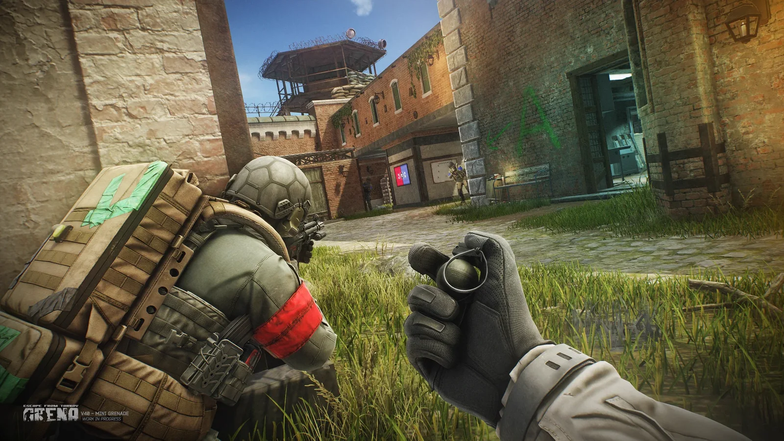 Official Arena gameplay screenshot showing a player deploying an M18 smoke grenade during combat in a fortified