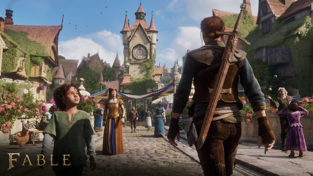 Official Fable Gamescom 2026 screenshot showing the player character entering Bowerstone with the city’s clock tower and