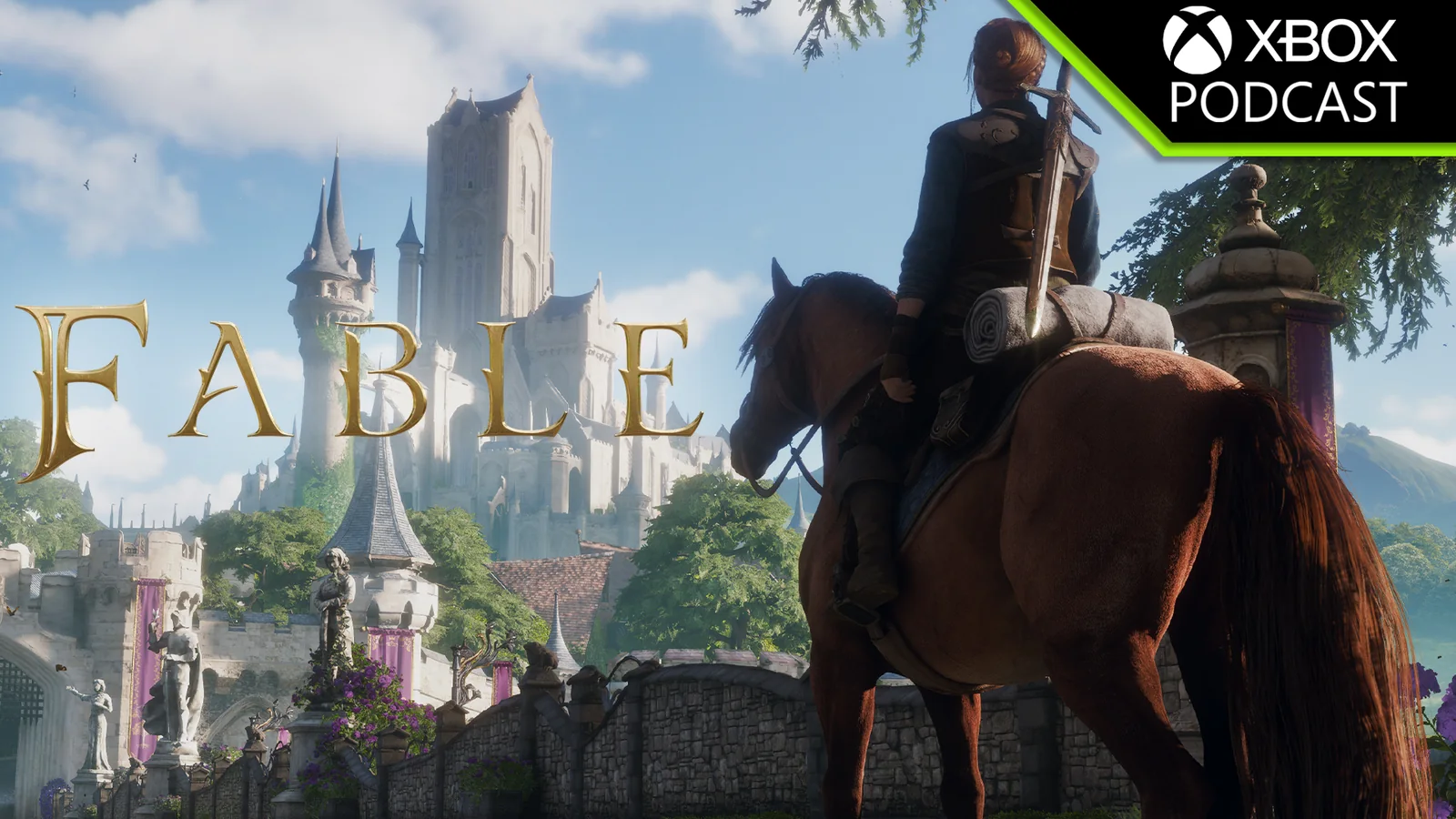 Official Fable screenshot showing the Hero arriving on horseback with Bowerstone and its castle ahead