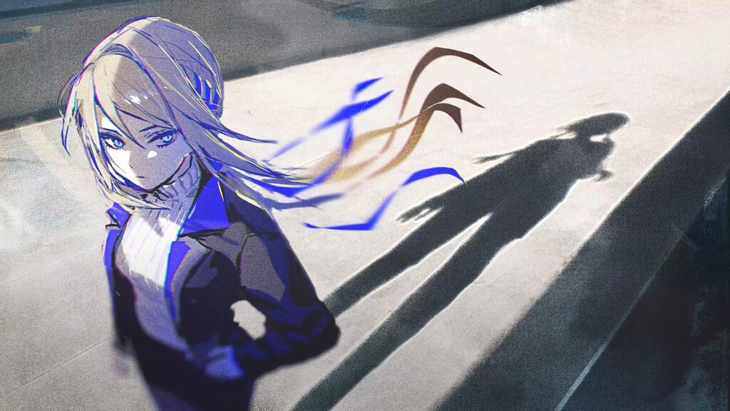 Official Faraday Blues press-kit artwork showing Carolyn walking through a stark futuristic environment with a distorted