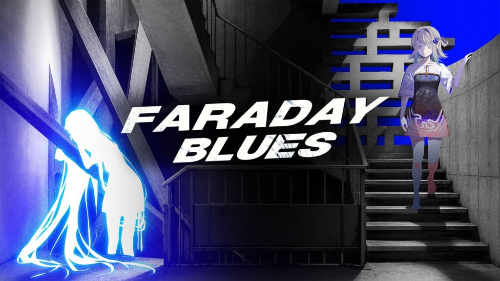 Faraday Blues Revealed for Xbox and PC With 64 Endings Official Faraday Blues key art showing Lina in a stark stairwell with glowing blue silhouettes and the game logo