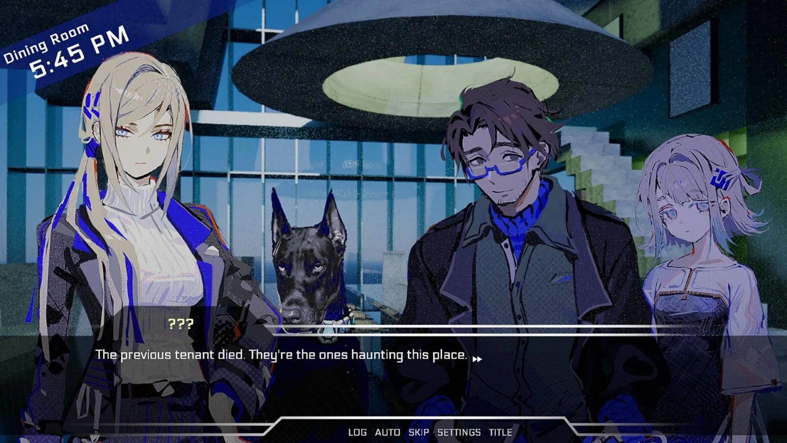 Official Faraday Blues visual-novel scene showing three characters and a dog inside a modern apartment