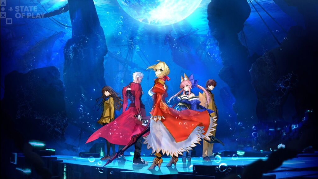 Fate/Extra Record Launches January 28, 2027 on PS5 and PS4 Official Fate/Extra Record promotional artwork showing multiple Masters and Servants beneath the Moon Cell in a blue