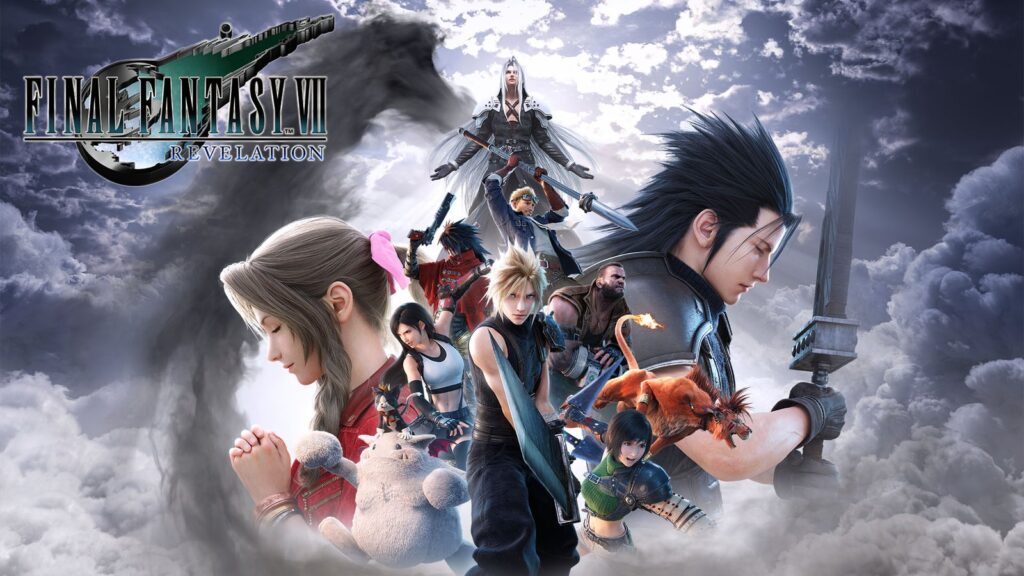 Final Fantasy VII Revelation Adds Optional Auto-Level Feature Official Final Fantasy VII Revelation key art featuring Cloud, Sephiroth, Zack and the wider party against a dramatic