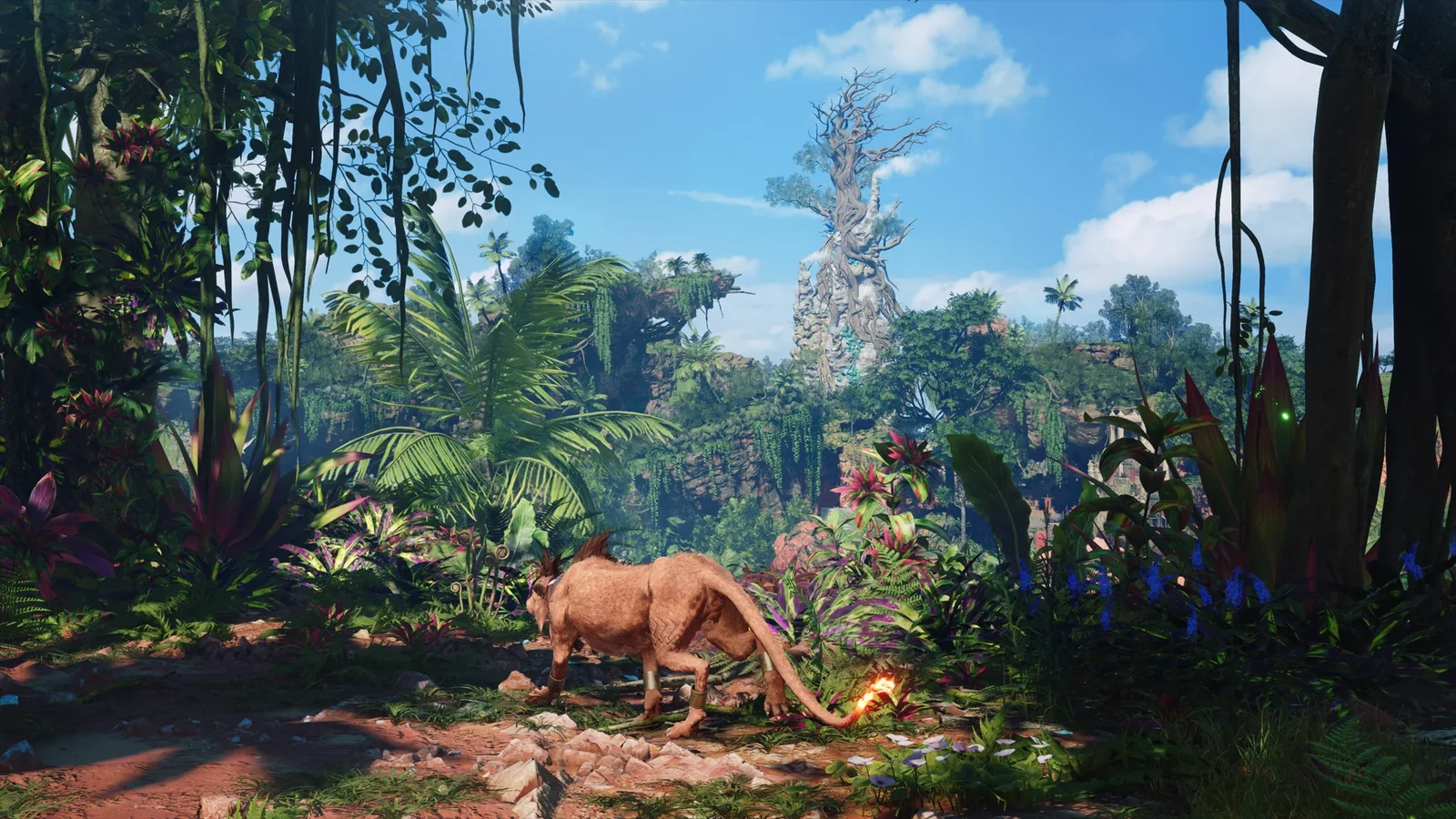 Official Final Fantasy VII Revelation screenshot showing a lush jungle environment with Red XIII