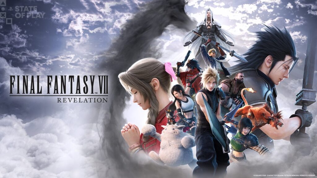 Official Final Fantasy VII Revelation key art featuring Cloud, Aerith, Zack, Sephiroth and the wider party against a