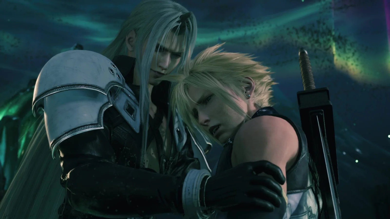 Official Final Fantasy VII Revelation screenshot showing Cloud, Cid, Tifa and other party members together with the full