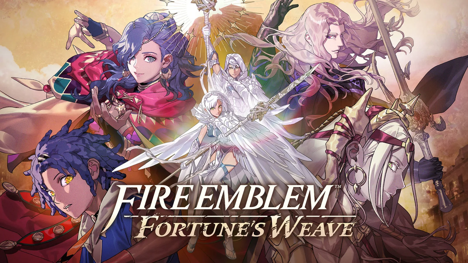 Official Fire Emblem: Fortune’s Weave key art featuring the protagonist alongside Cai, Dietrich, Theodora and Leda