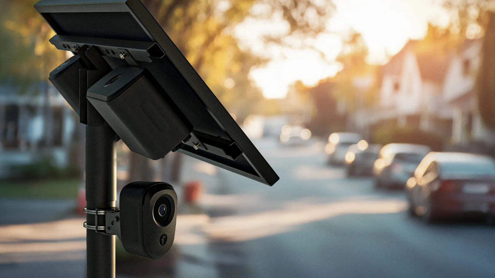 Official Flock license plate reader camera shown against a dark green and warm gradient background