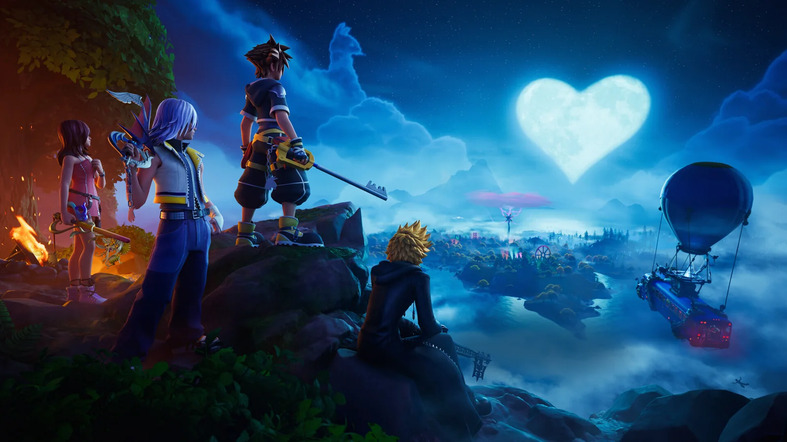 Official Fortnite Kingdom Hearts artwork showing Sora, Riku, Kairi and Roxas in a cinematic landscape