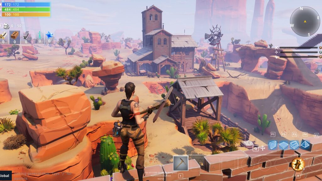 Official 2018 Save the World gameplay screenshot overlooking Fortnite's Canny Valley desert biome