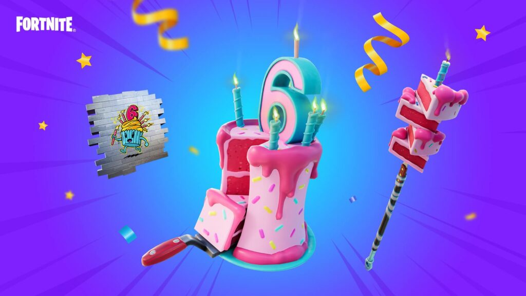 Fortnite 9th Birthday Event Starts September 21, Leak Says Official Fortnite birthday artwork showing a large decorated cake with anniversary cosmetics