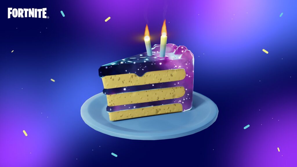 Official Fortnite birthday image showing a slice of birthday cake with candles against a confetti-filled purple and blue