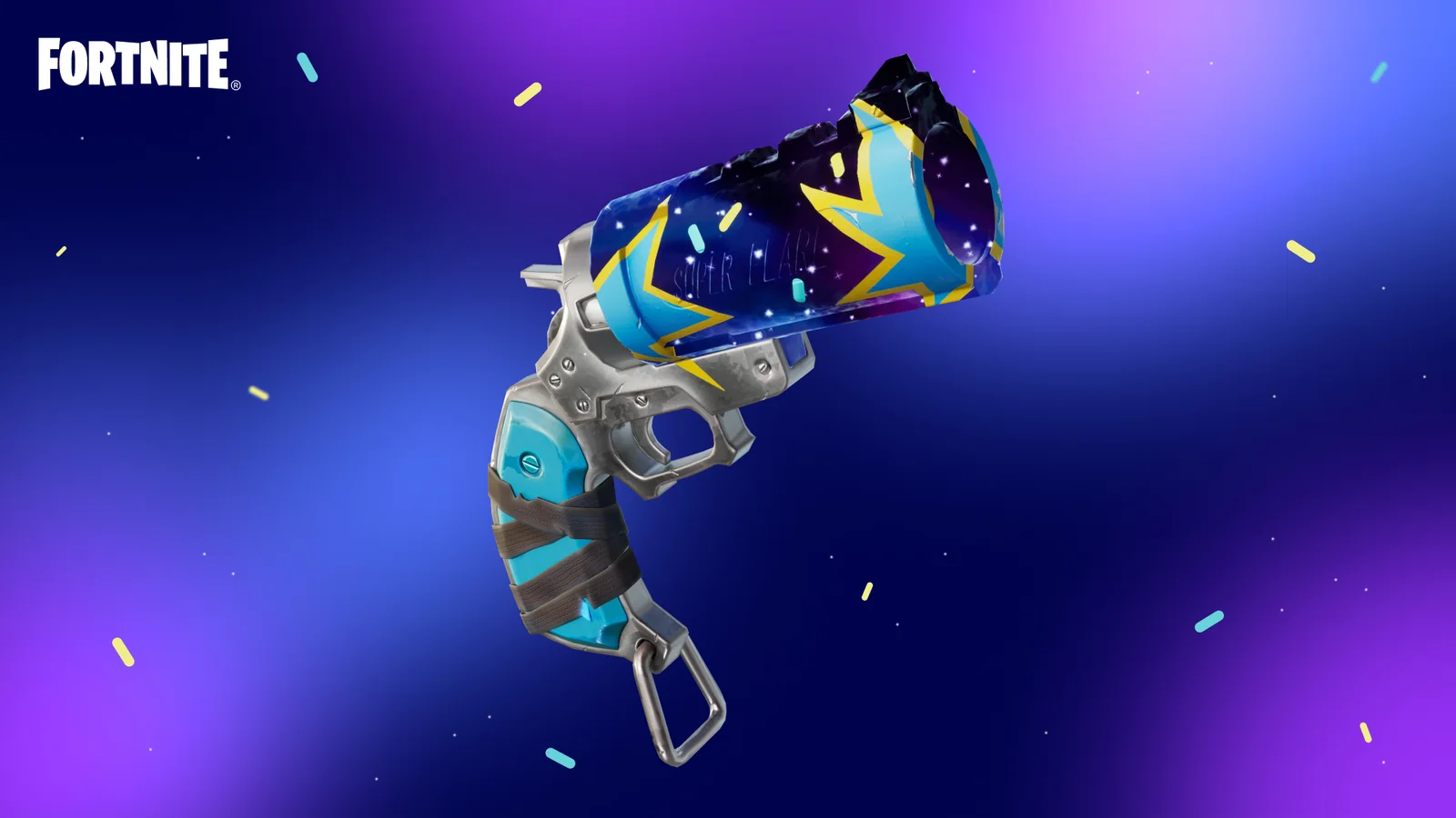 Official Fortnite birthday image showing the themed Firework Flare Gun on a celebratory background