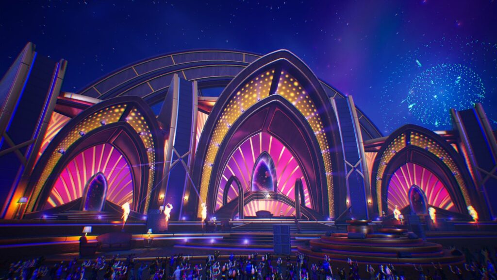 Official Fortnite Festival stage artwork showing the neon concert venue used for the rhythm mode