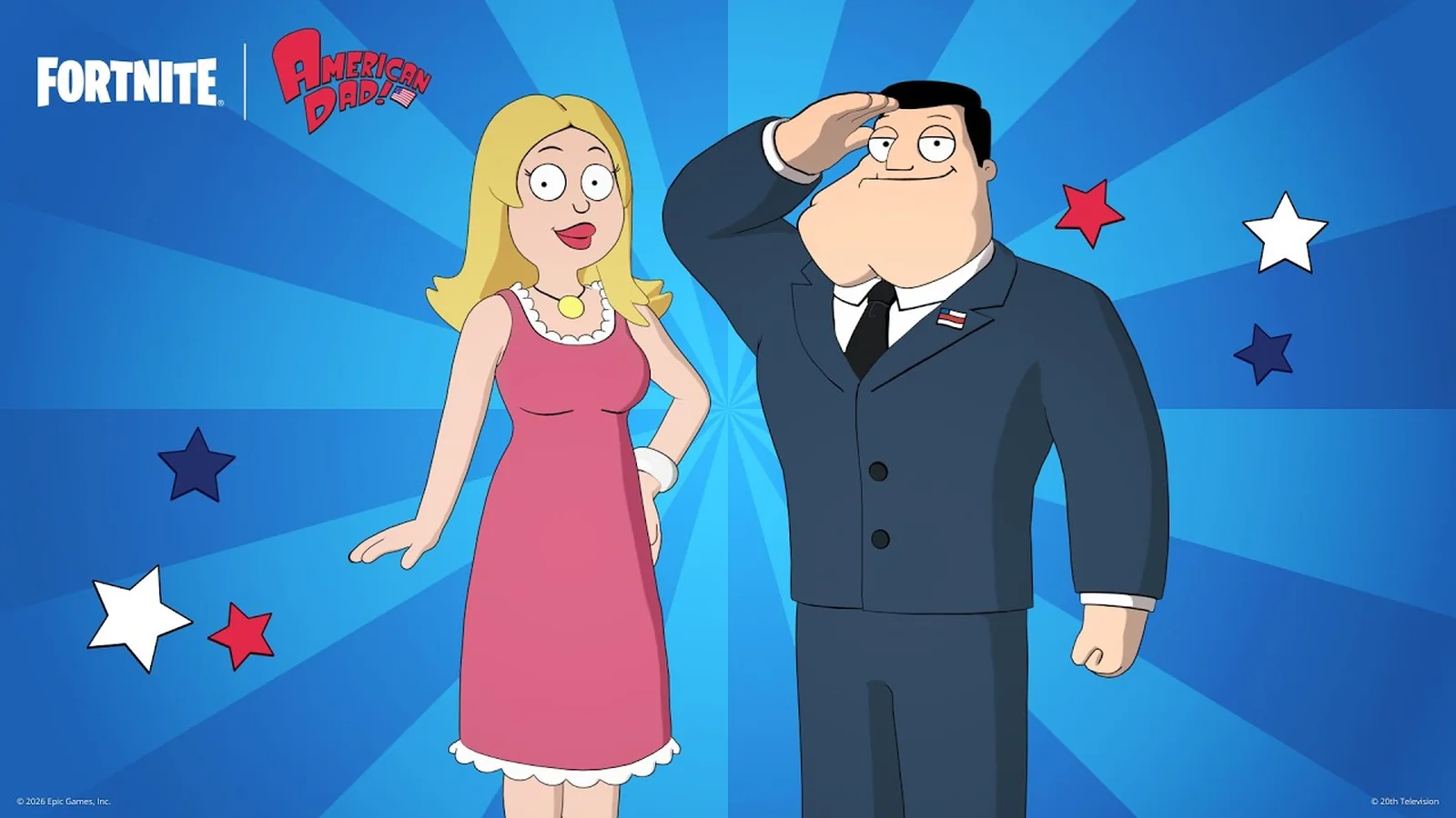 Fortnite x American Dad promotional image showing Stan Smith and Francine Smith together against a blue background with