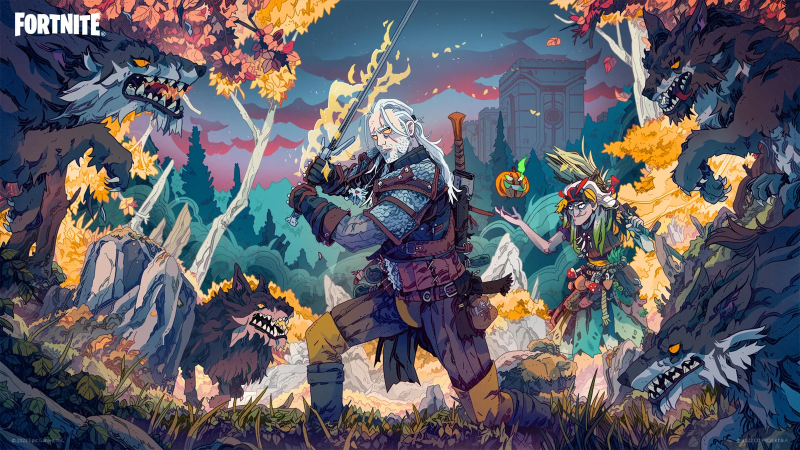 Official Fortnite Geralt of Rivia loading-screen illustration showing the Witcher fighting monsters in a stylized