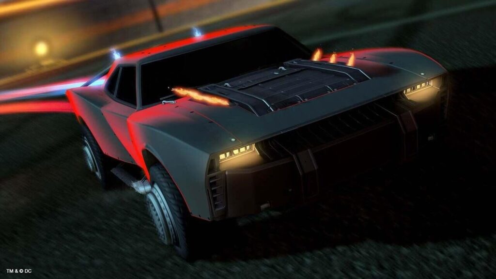 Fortnite Leak Reveals Batmobile 2022 Bundle Clean Rocket League screenshot showing the 2022 Batmobile from the front while driving through an arena