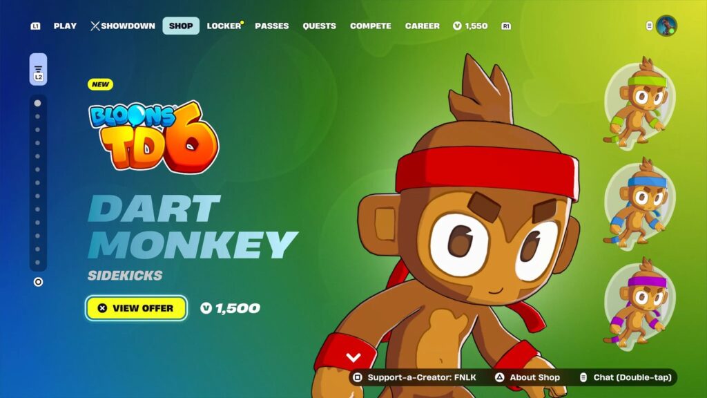 Fortnite Item Shop screen featuring the Bloons TD 6 Dart Monkey Sidekick and its 1,500 V-Bucks price
