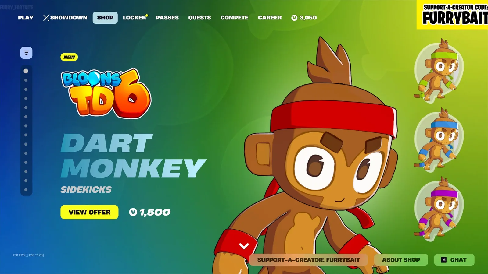 Dart Monkey Sidekick standing on Fortnite’s green cosmetic preview background