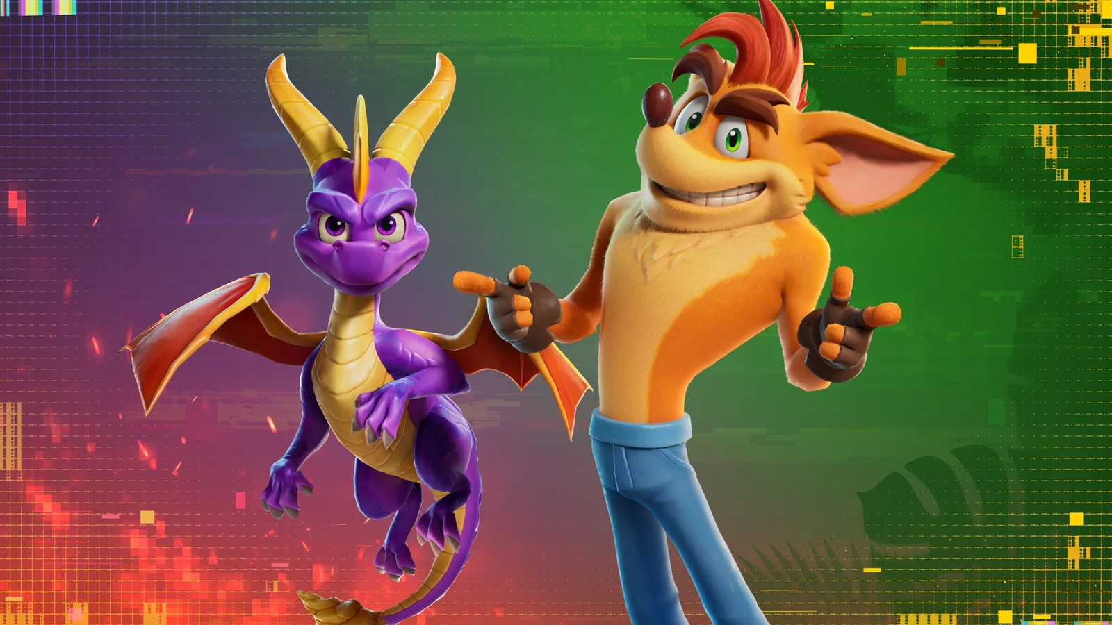 Fortnite promotional image showing Crash Bandicoot and Spyro together against the Override season's digital background
