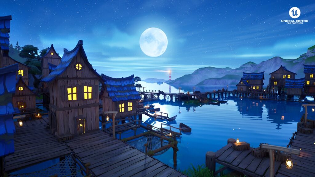 Epic Updates Fortnite Developer Roadmap Through Q2 2027 Official full-resolution UEFN Scene Graph screenshot showing the same moonlit village environment with Unreal Editor for