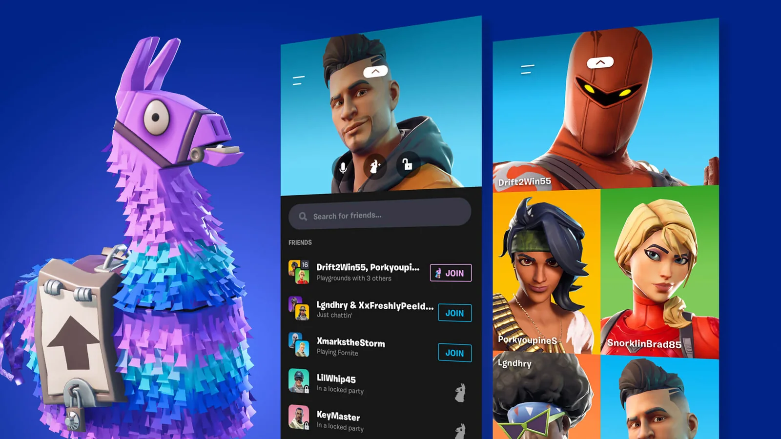 Official Fortnite Party Hub artwork showing the mobile friends interface, Fortnite characters and the Loot Llama