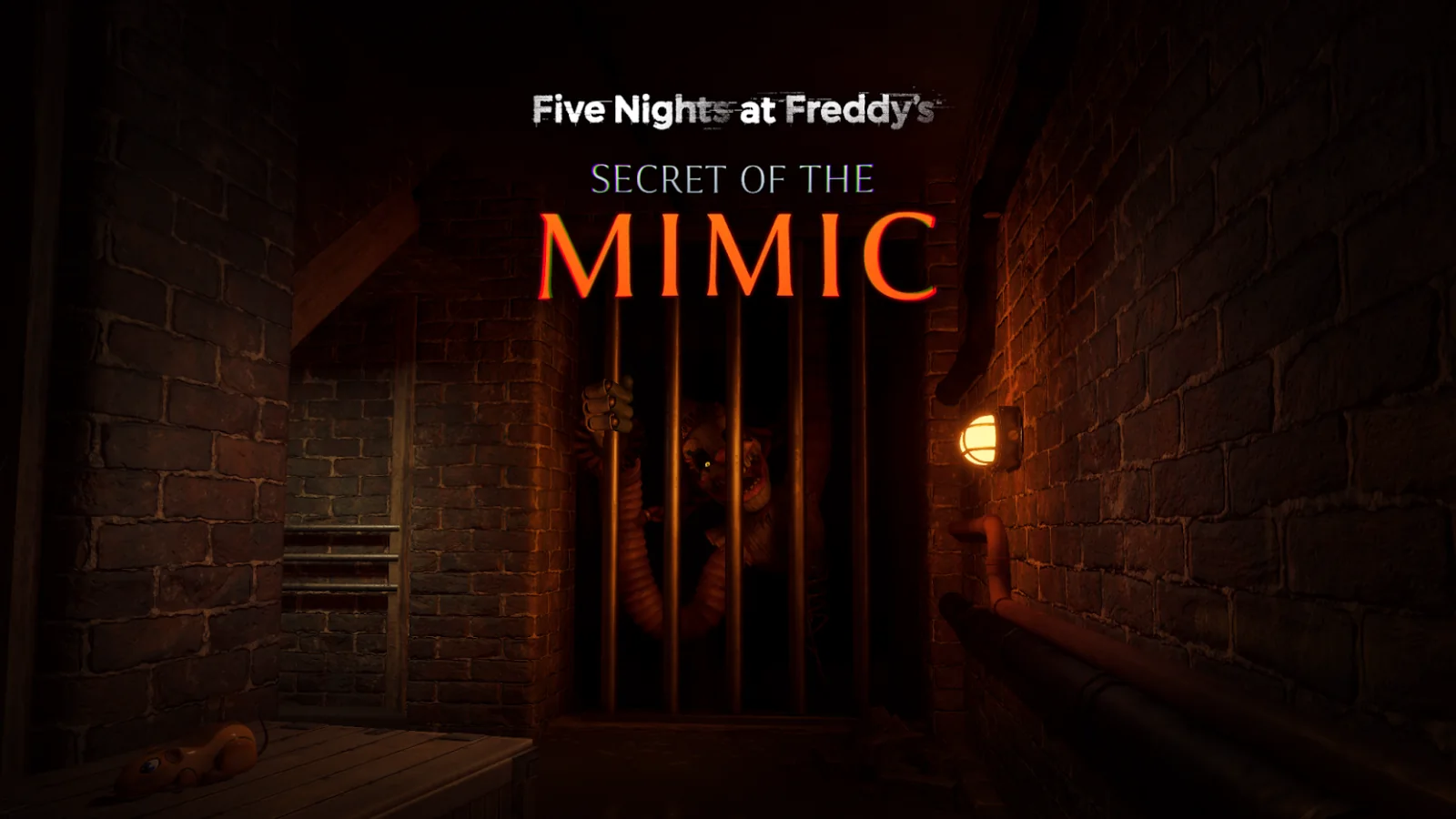 Official Five Nights at Freddy’s: Secret of the Mimic banner featuring the Jackie animatronic with glowing spiral eyes