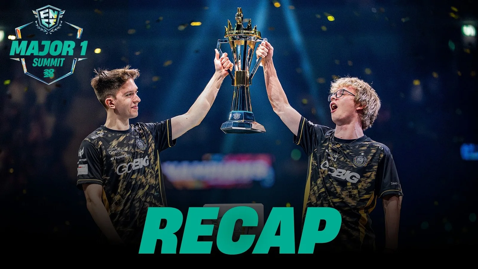 Official FNCS Major 1 Summit recap photograph showing the winning duo lifting the trophy