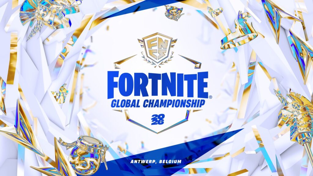 Fortnite FNCS 2027 Will Use Trios Official FNCS Global Championship promotional artwork showing the FNCS logo, championship trophy elements and Fortnite