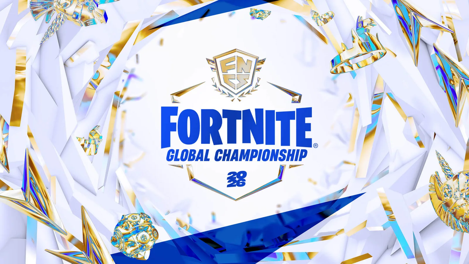 Official Fortnite FNCS Global Championship promotional graphic centered on the FNCS logo with gold-and-blue championship