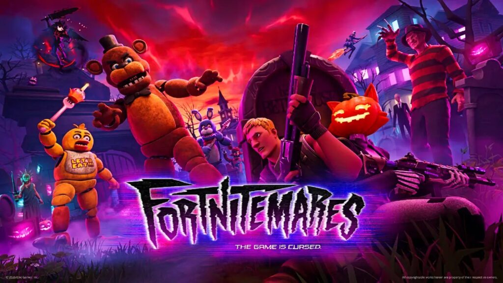 Fortnitemares 2026 Key Art Reveals October 1 Launch Wide Fortnitemares 2026 key art featuring Freddy Krueger, Slender Man, Five Nights at Freddy’s characters, The Purge and