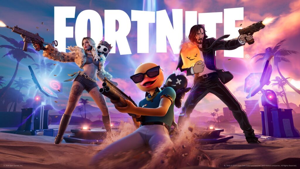 Official Fortnite promotional artwork showing characters from Battle Royale in an action scene