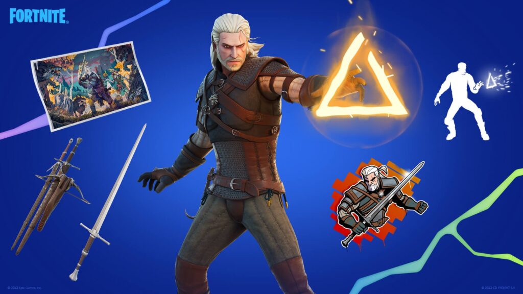 Official Fortnite artwork showing Geralt of Rivia with his Outfit and Witcher-themed cosmetic rewards