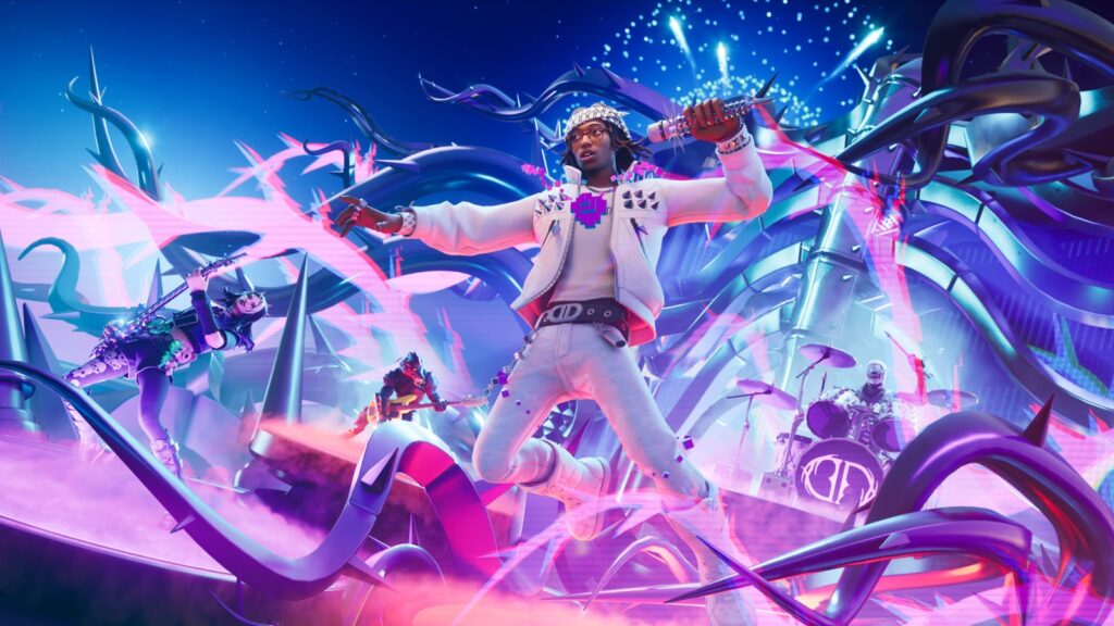Official Fortnite promotional artwork featuring Lil Tecca performing amid bright neon effects and Fortnite characters