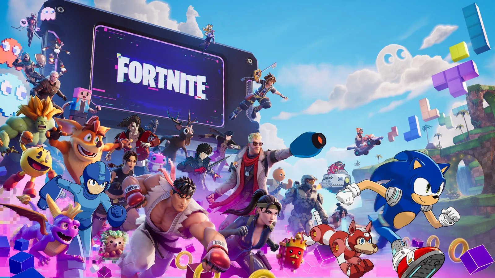 Official Fortnite Override season artwork featuring Fortnite characters alongside gaming crossover icons