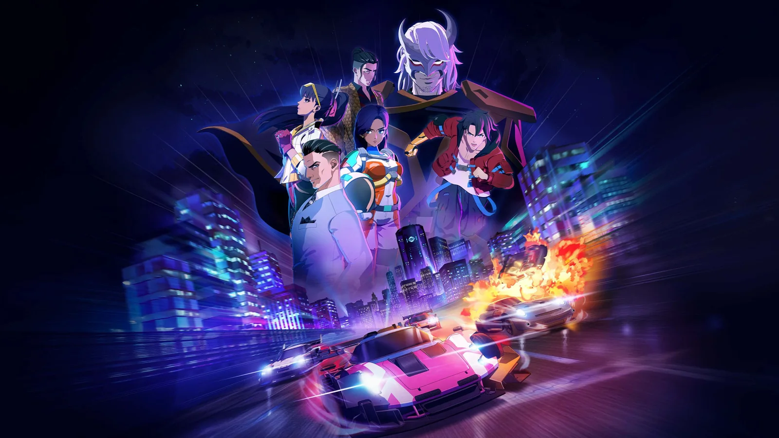 Official Screamer key art showing Hiroshi Jackson among the game's main cast above a neon street race