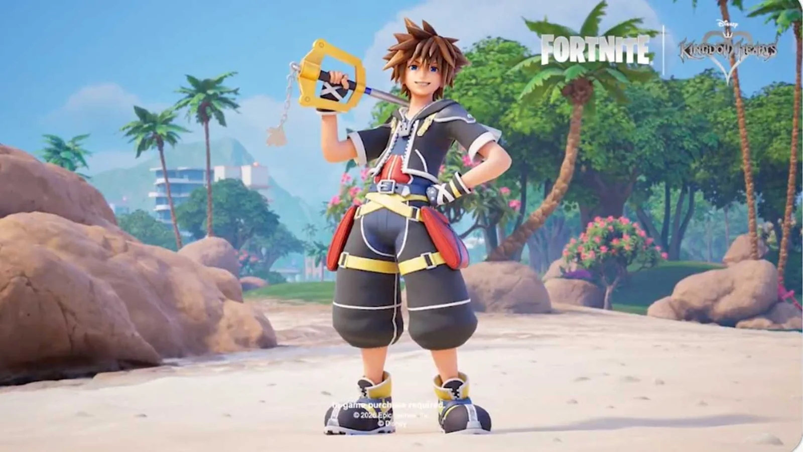 Sora standing with the Kingdom Key on Fortnite's Chapter 7 island with Fortnite and Kingdom Hearts logos visible