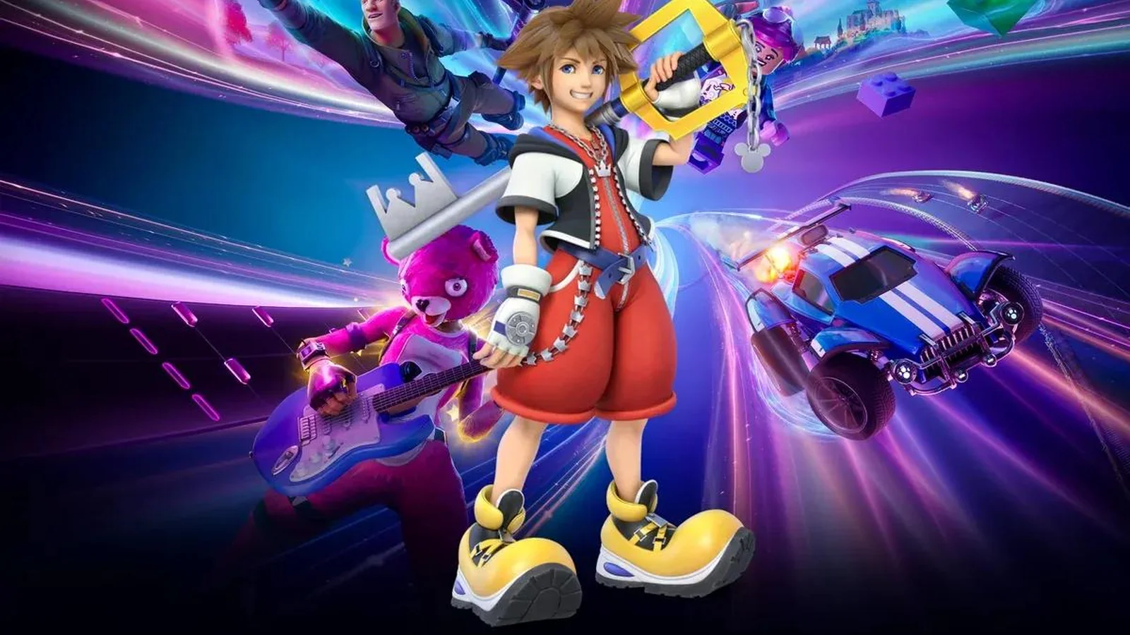 Fortnite x Kingdom Hearts promotional image showing Sora centered in front of Fortnite characters and a Rocket League