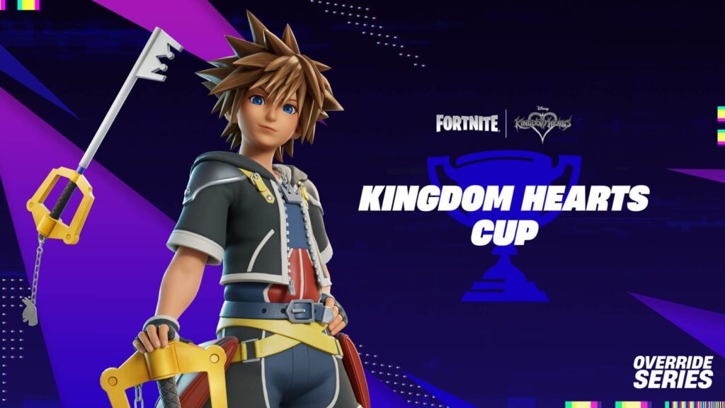 Fortnite Kingdom Key Stats Leak Ahead of Kingdom Hearts Update Official Fortnite x Kingdom Hearts Cup artwork showing Sora holding the Kingdom Key against the purple Override Series