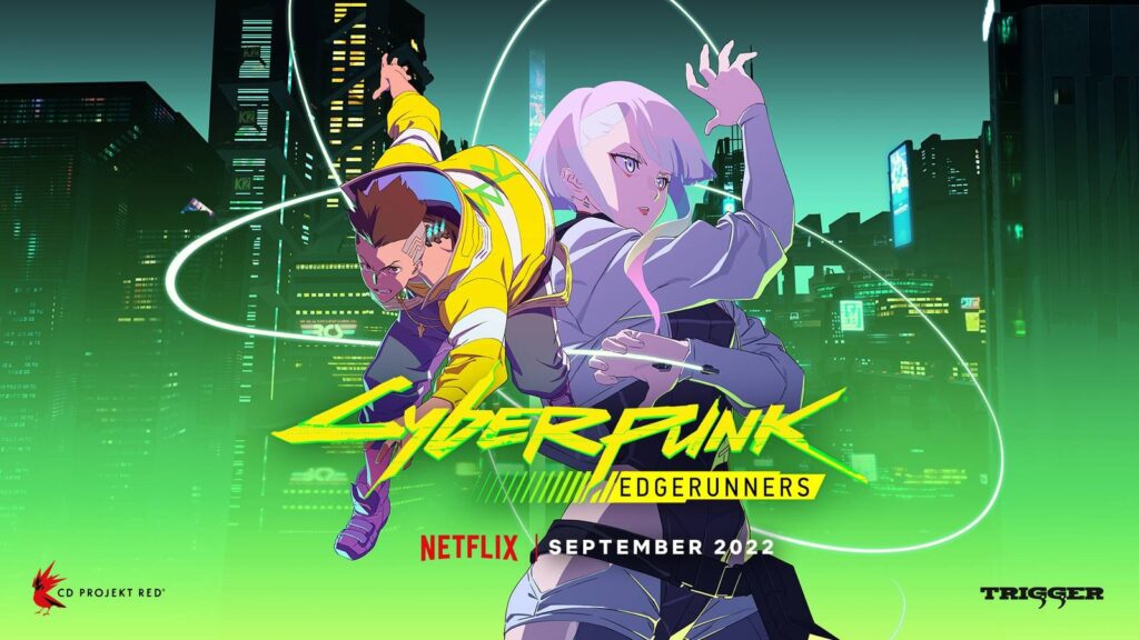 Cyberpunk: Edgerunners artwork featuring Lucy and David against Night City